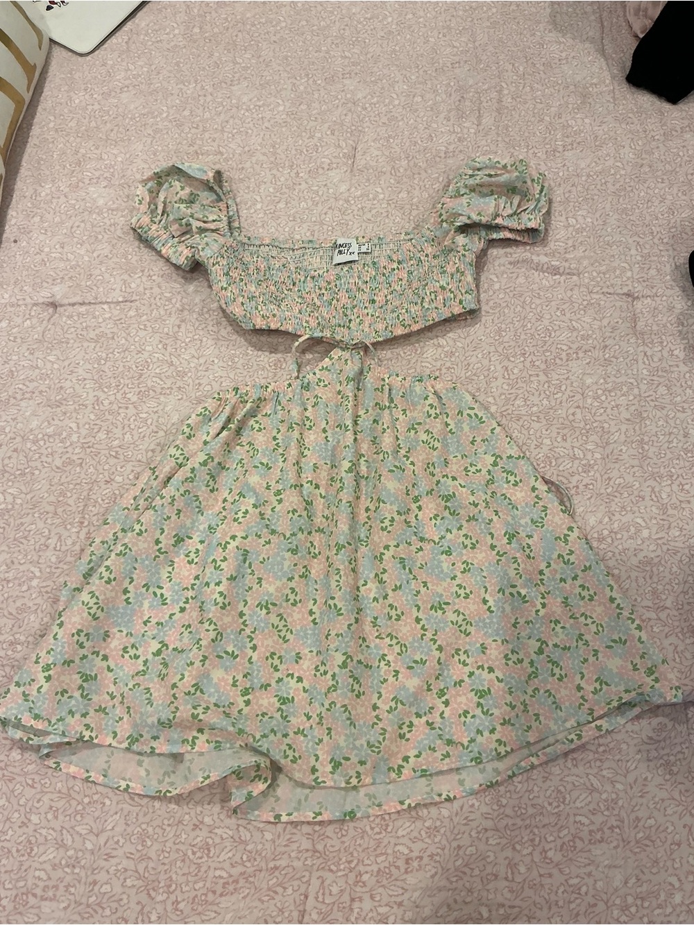 Princess Polly Pastel Pink Floral Smocked Mini Dress with Green Accents